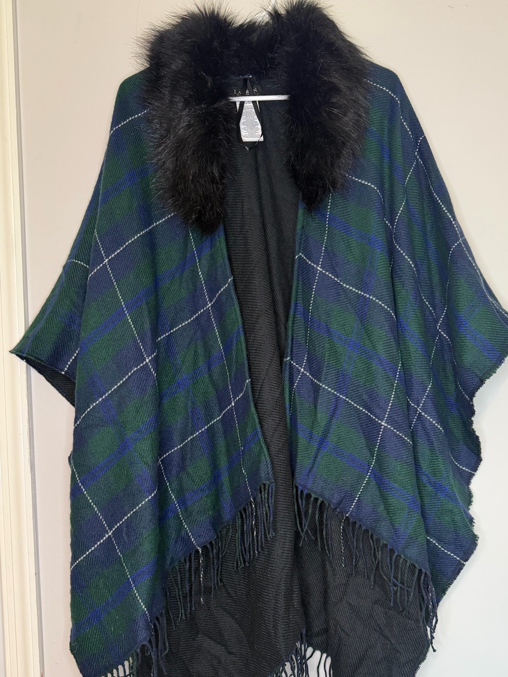 Lauren Ralph Lauren Plaid & Fringe Cape with Removable Faux Fur Collar, OS